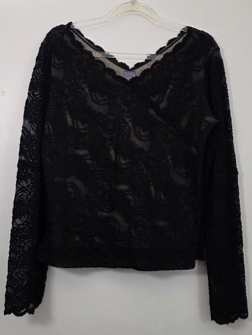 Vintage Hanky Panky Black Lace V-neck Top Siren Whimsigoth Dark Romantic Large